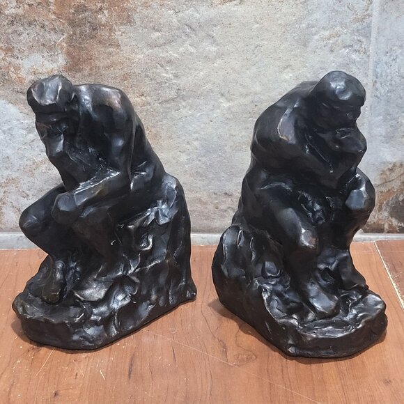 Vintage Bronze The Thinker Sculpture Bookend Set of 2 - Picture 8 of 13